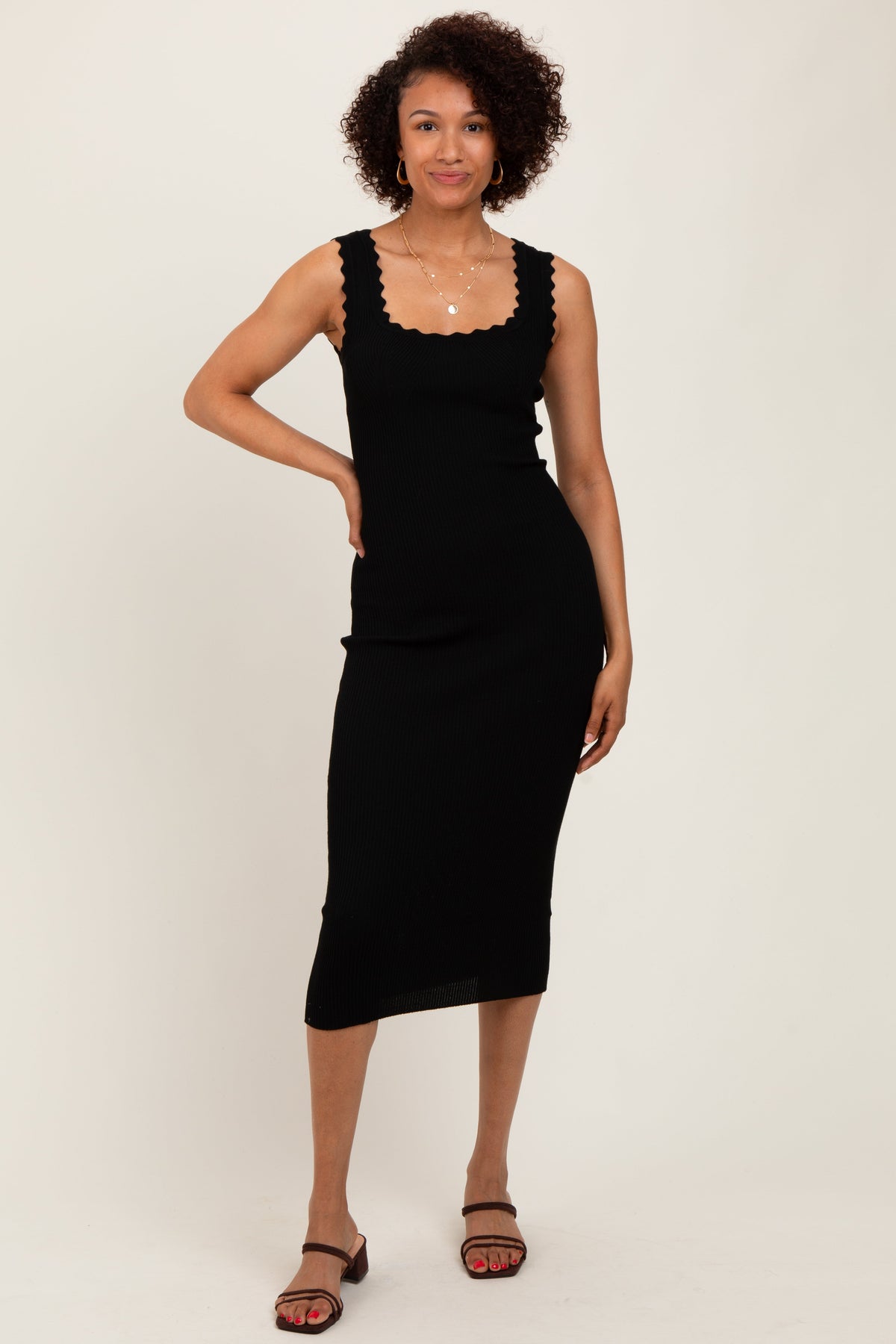 Black Scallop Trim Ribbed Knit Sleeveless Maternity Midi Dress