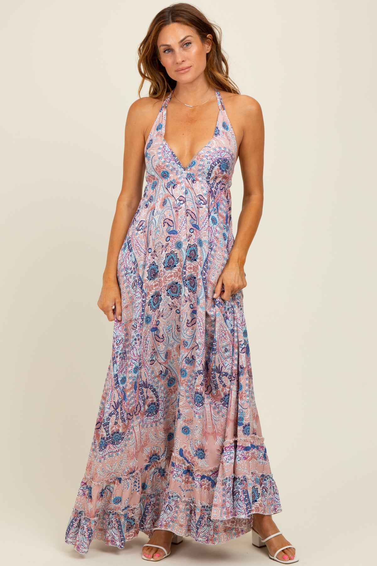 Mauve Paisley Halter V-Neck Cutout Maternity Maxi Dress