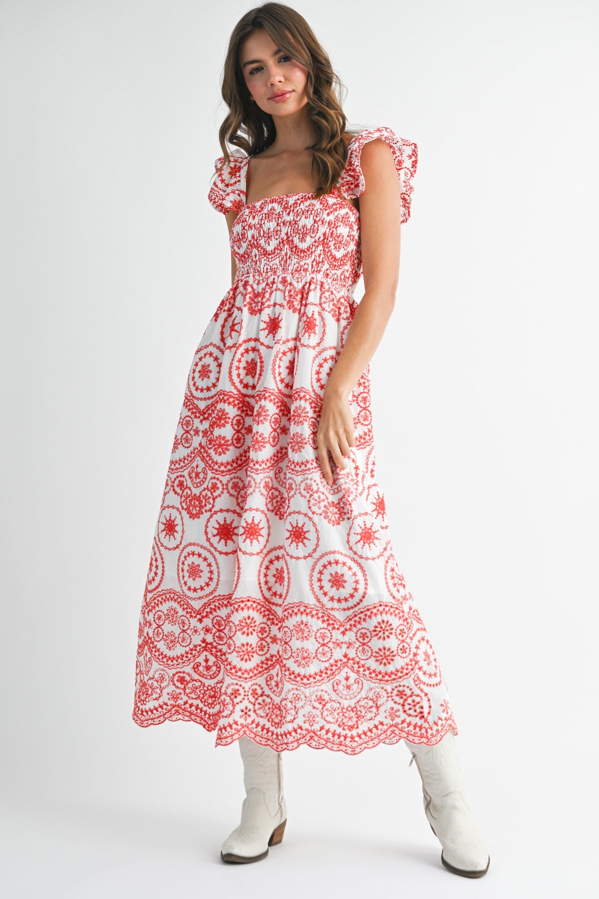 Red Embroidered Smocked Cutout Maternity Midi Dress