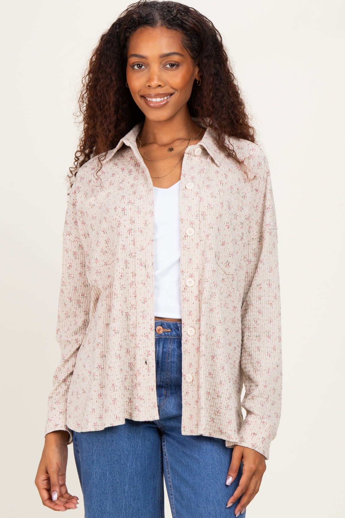 Oatmeal Floral Textured Knit Maternity Shirt Jacket