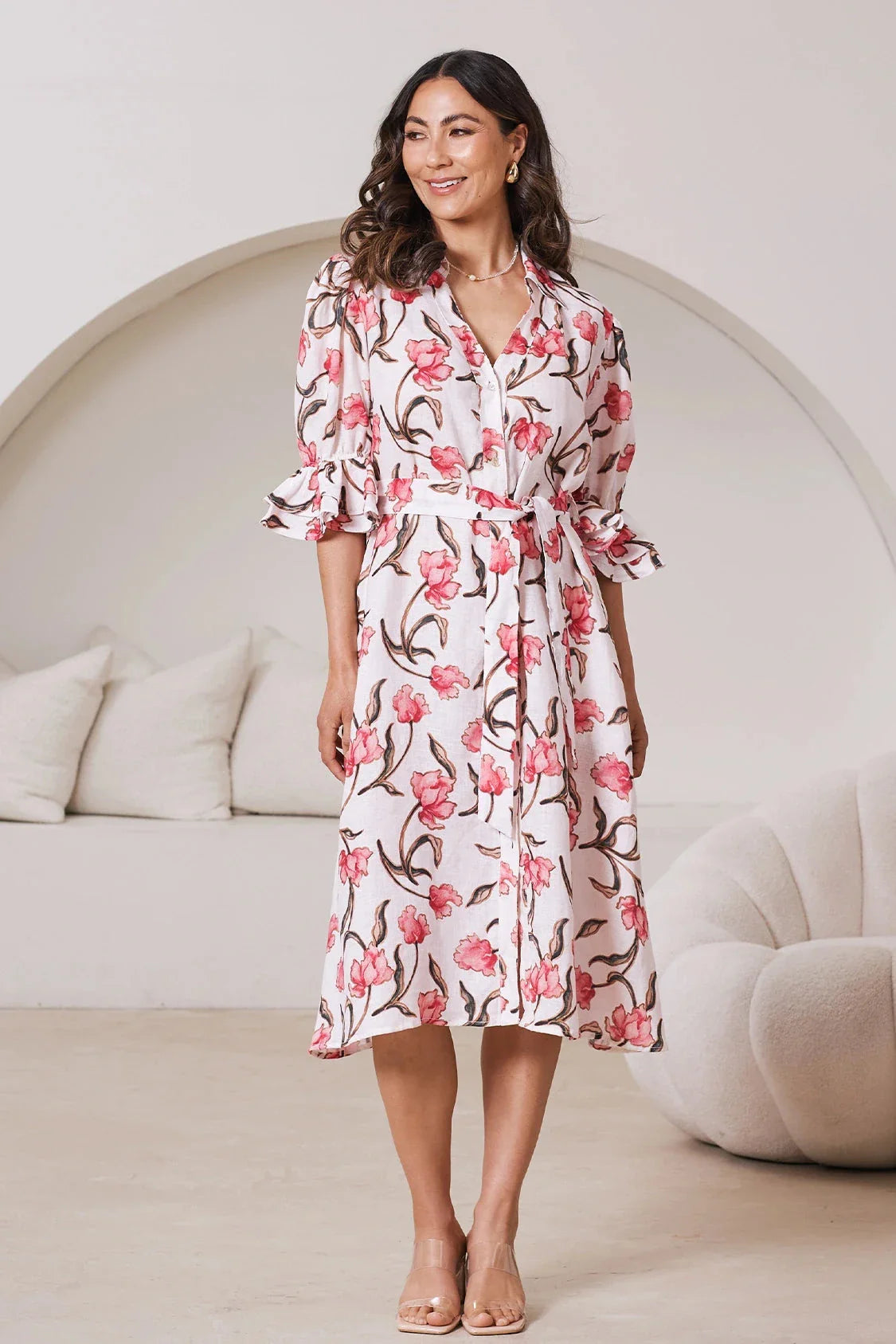 Floral Print Linen Midi Dress Mid-Sleeve Collared – Cristina