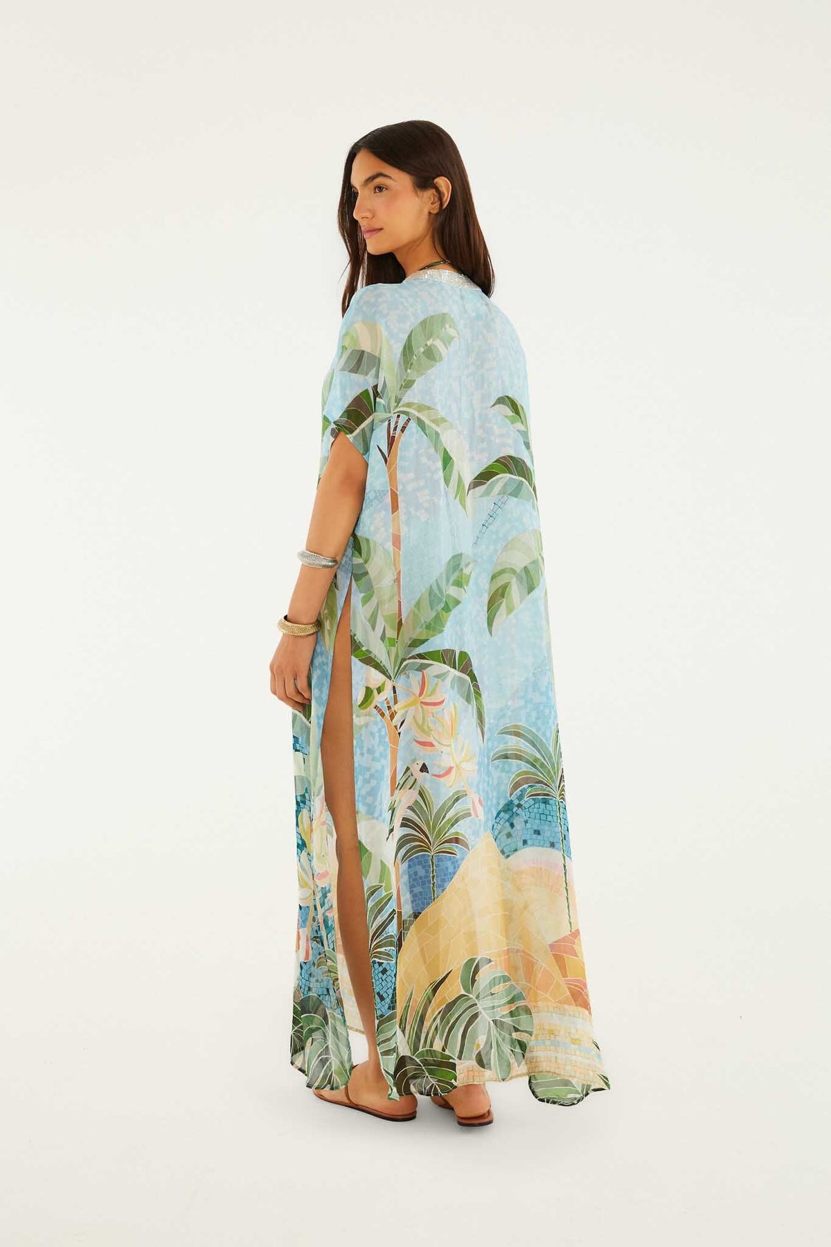 Blue Embroidered Side Slits Maxi Kimono