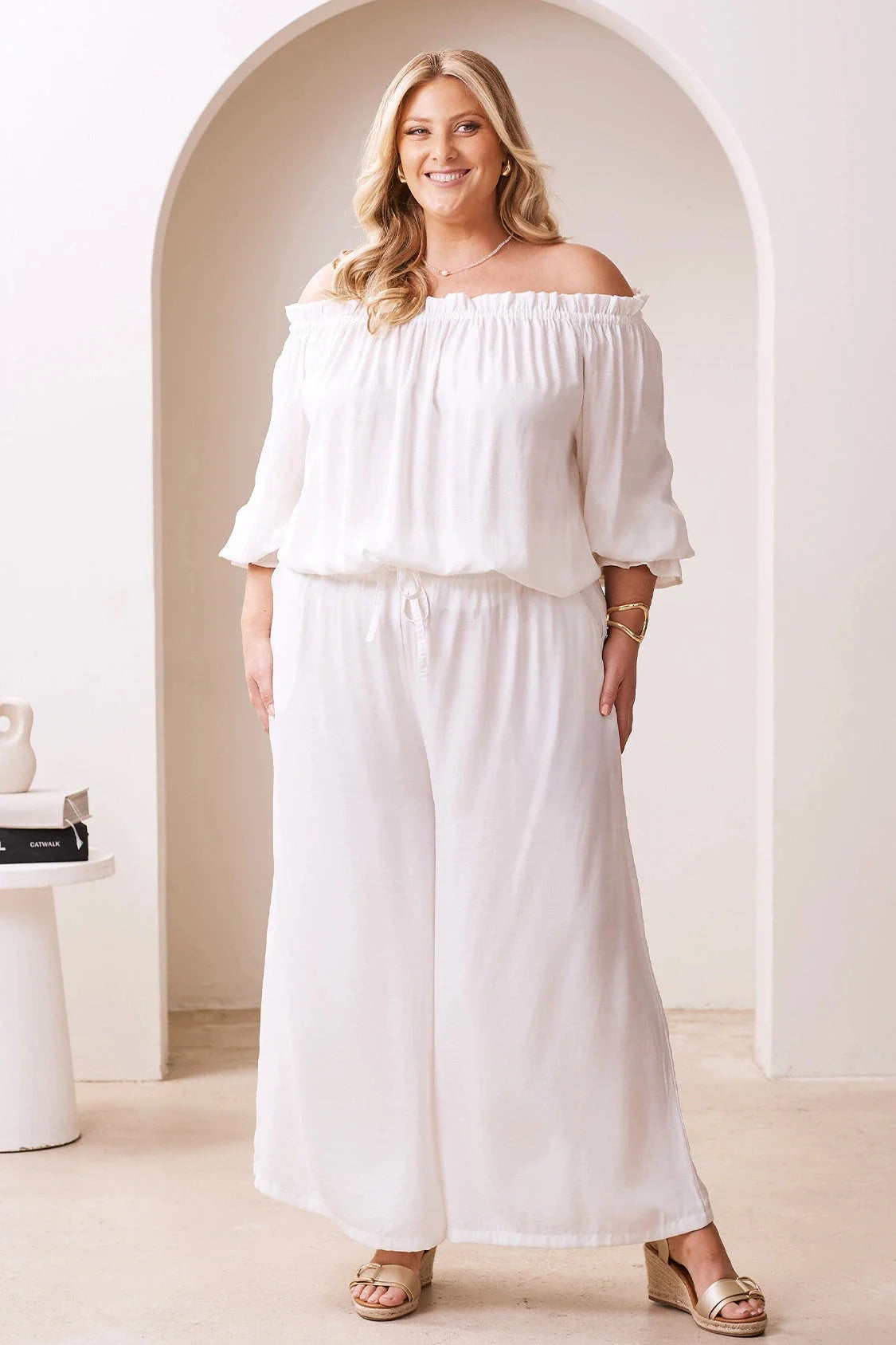 Vittoria Smocked Waist Wide Leg Pants Ivory