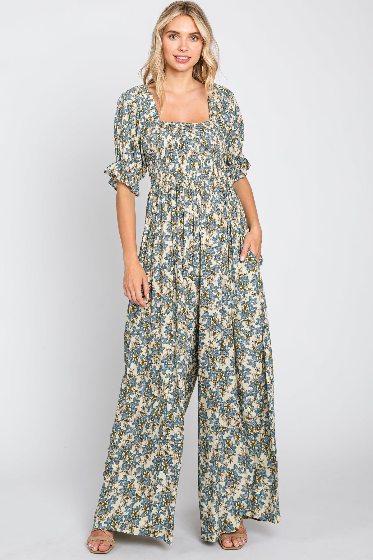 Cream Floral Smocked Maternity Jumpsuit