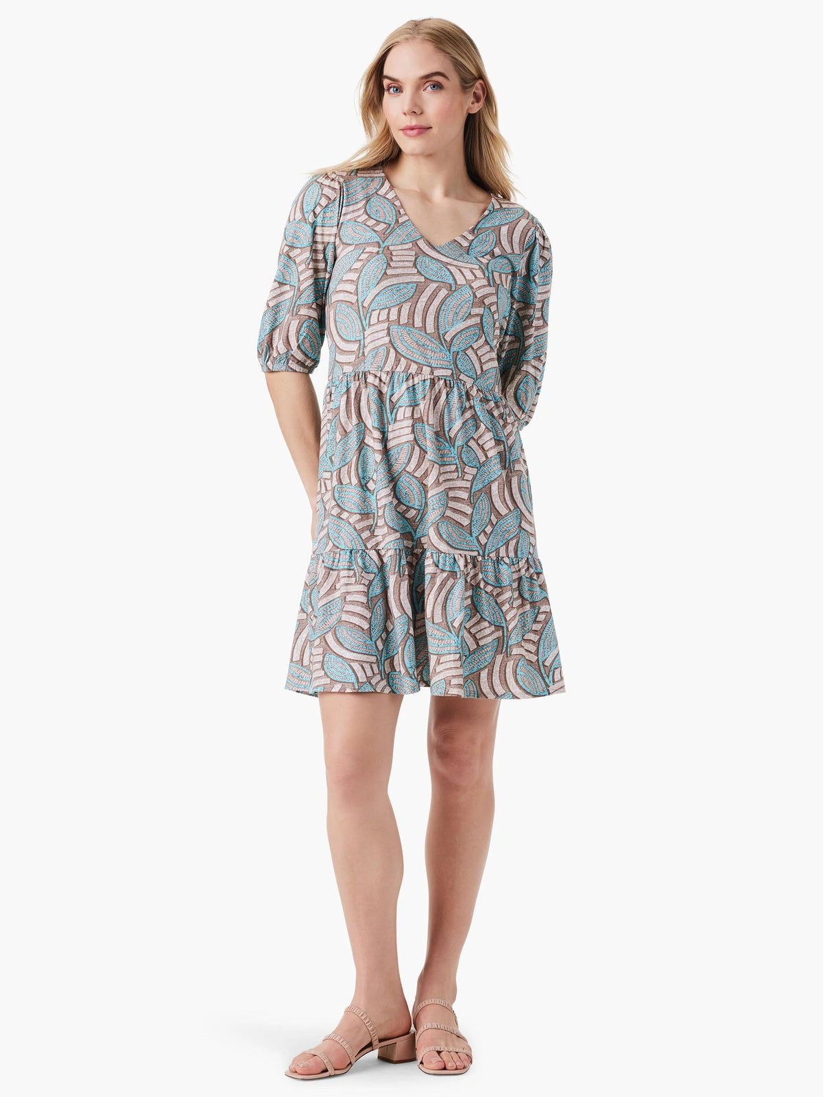 NZT Mosaic Fern Elbow Sleeve V-Neck Dress