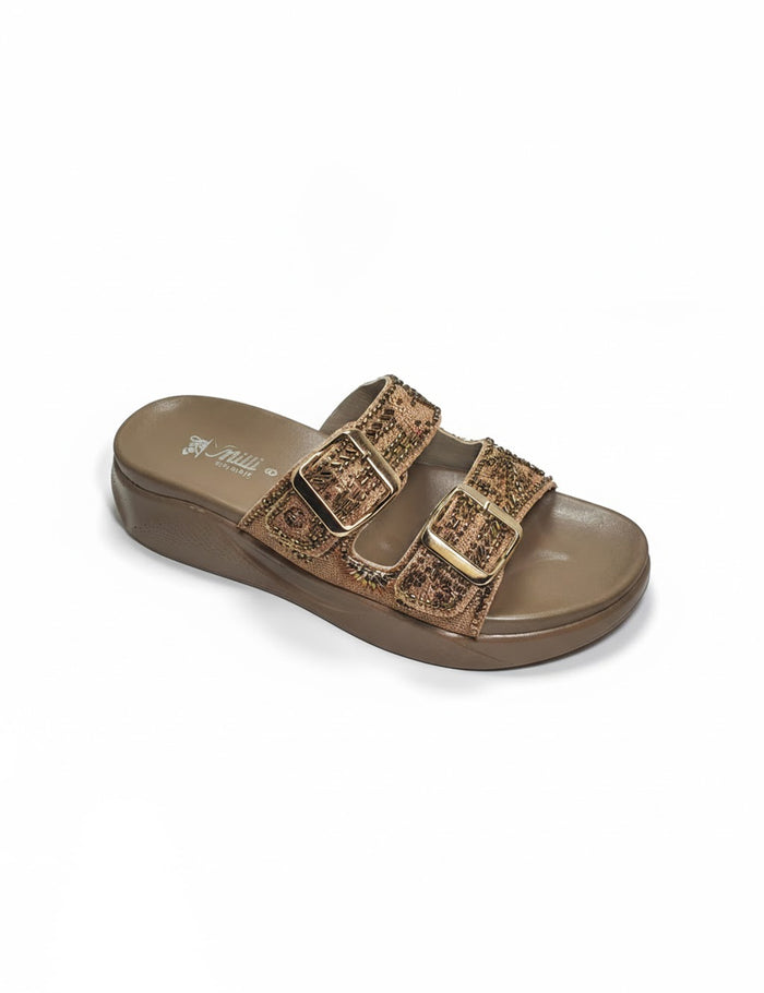 Brown Flat Sandals with Triple Rhinestone Bows – Sparkling Strappy Slides
