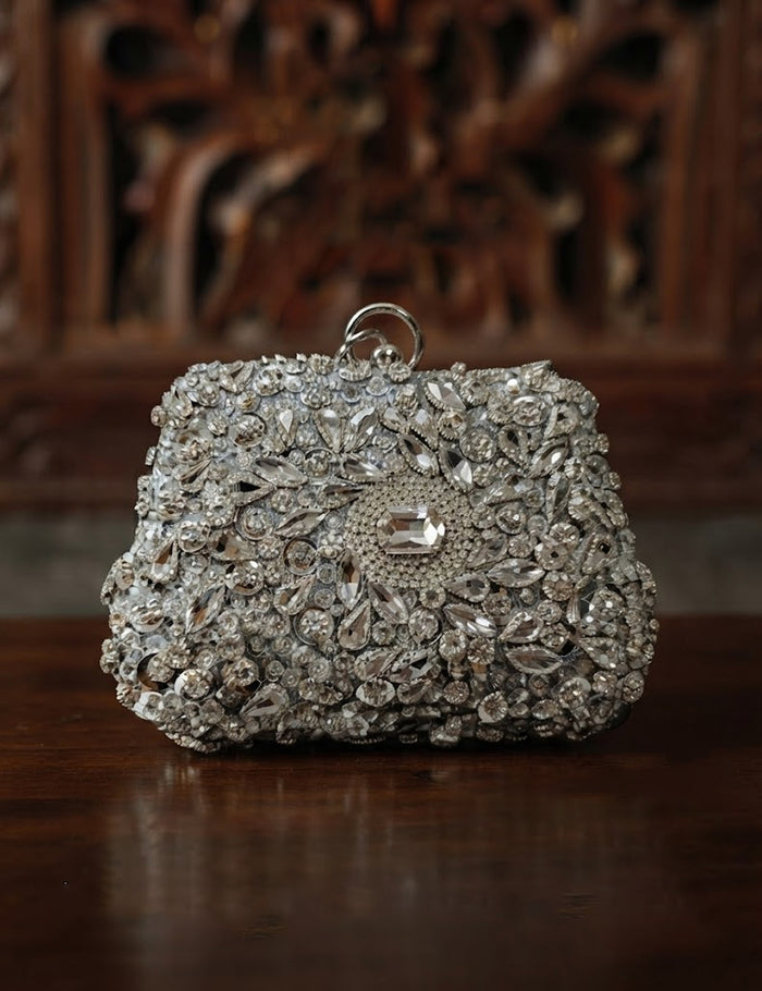 Crystal Studded Bridal Clutch – Silver Rhinestone Evening Bag