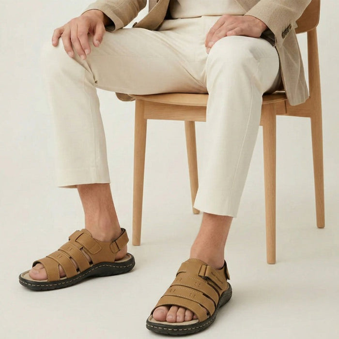 Hush Puppies Tan Leather Sandals with Velcro Straps and Soft Footbed