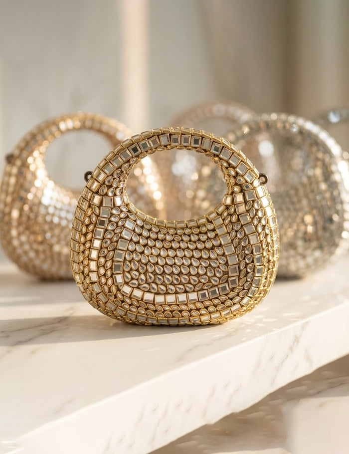 Luxury Elegant Kundan Gold Beaded Clutch Bag