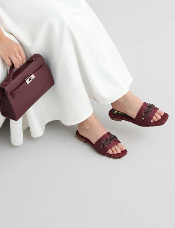 Maroon Satin Embellished Flat Slides - Handcrafted Crystal-Detail Mules