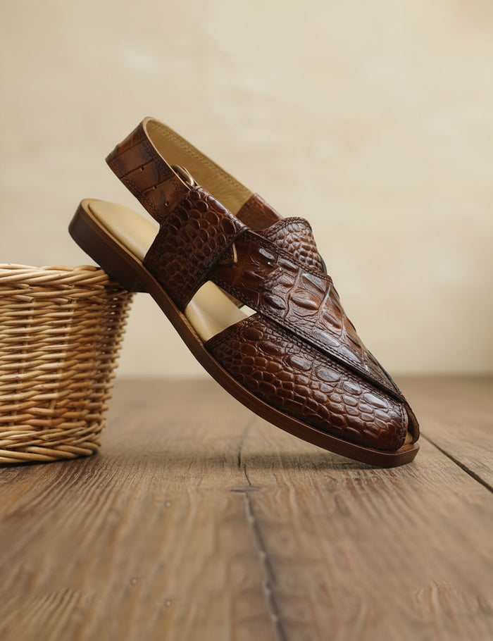 Men’s Brown Crocodile-Texture Leather Peshawari