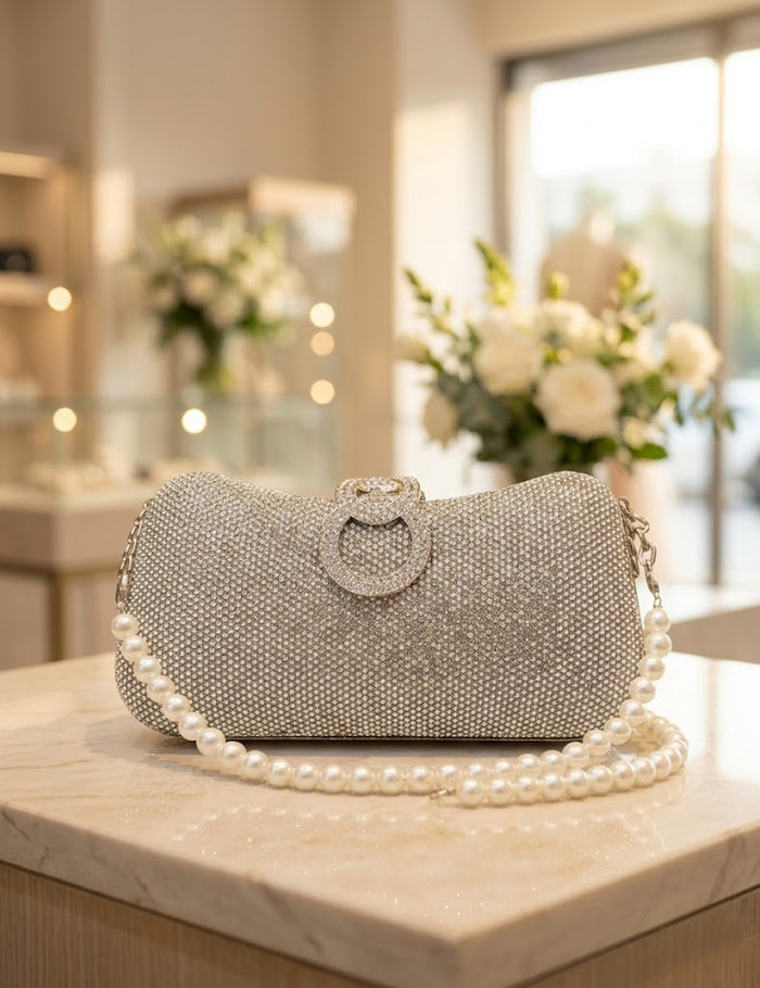 Midnight Sparkle Rhinestone Evening Clutch with Faux Pearl Crossbody Strap
