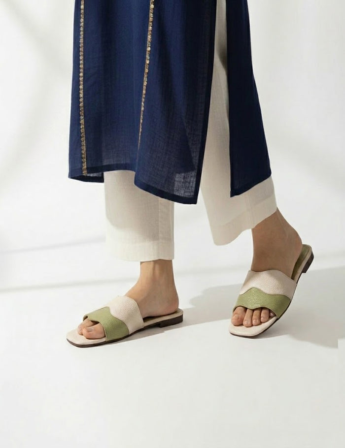 Modern Scalloped Strap Leather Look Slides