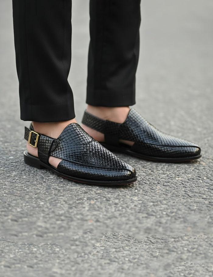 Premium Black Leather Snap-Buckle Peshawari