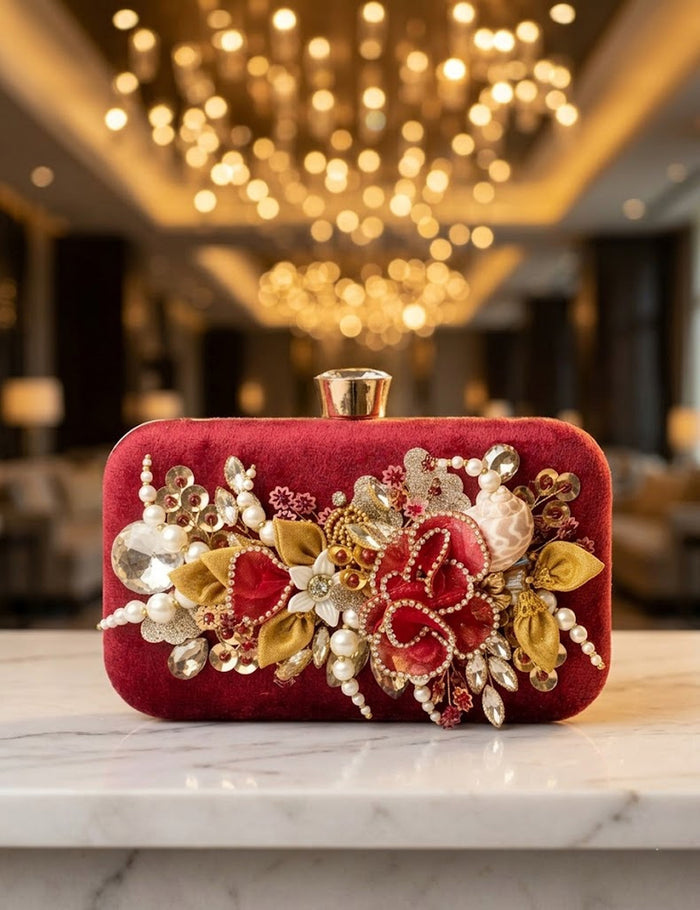 Red Floral Evening Clutch with Crystal & Pearl Embellishment