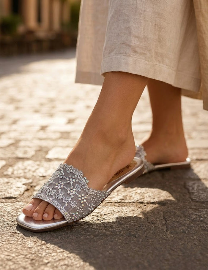 Silver Embellished Mesh Slides