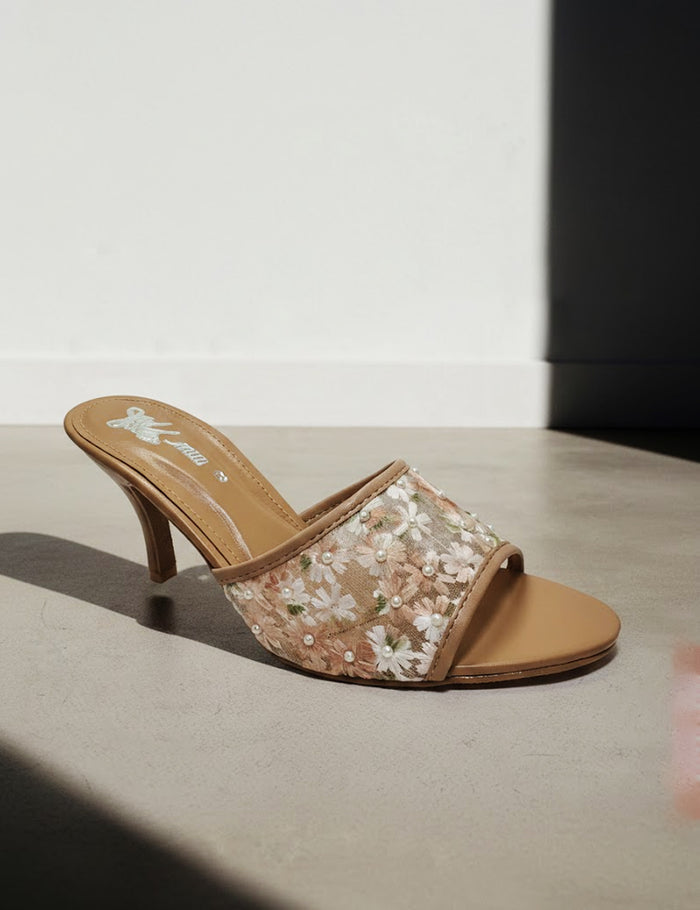 Women’s Mustered Stiletto Slides – Embroidered Daisy Mesh with Pearl Studs