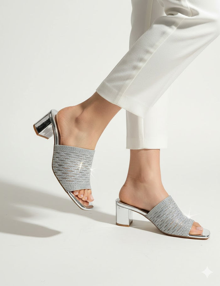 Women's Silver Glitter Block Heel – Sparkly Square Toe Slip-On Evening Slippers