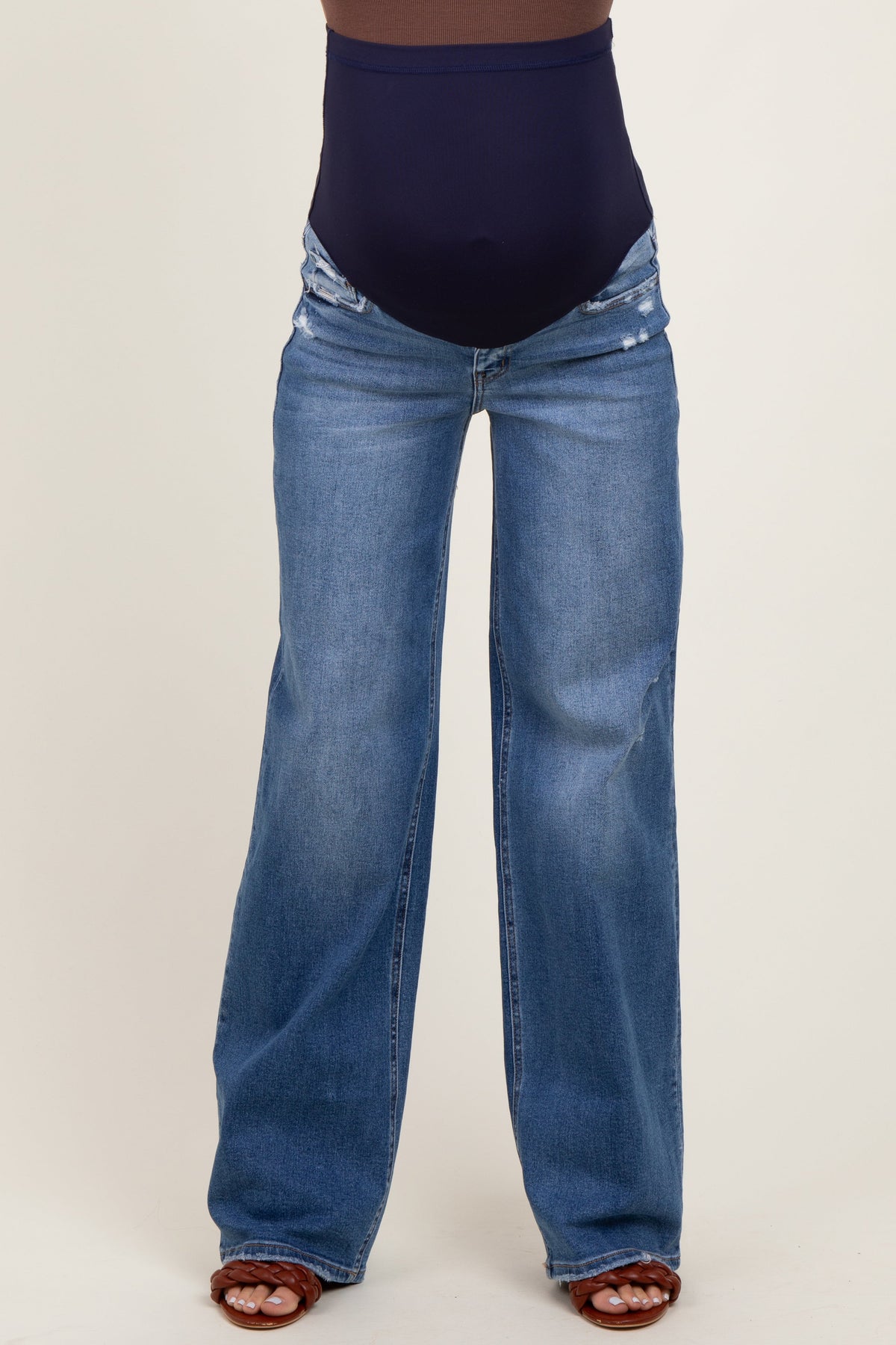 Blue Lightly Distressed Wide Leg Maternity Jeans