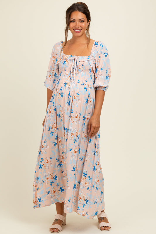 Peach Floral Smocked Front Tie Maternity Maxi Dress