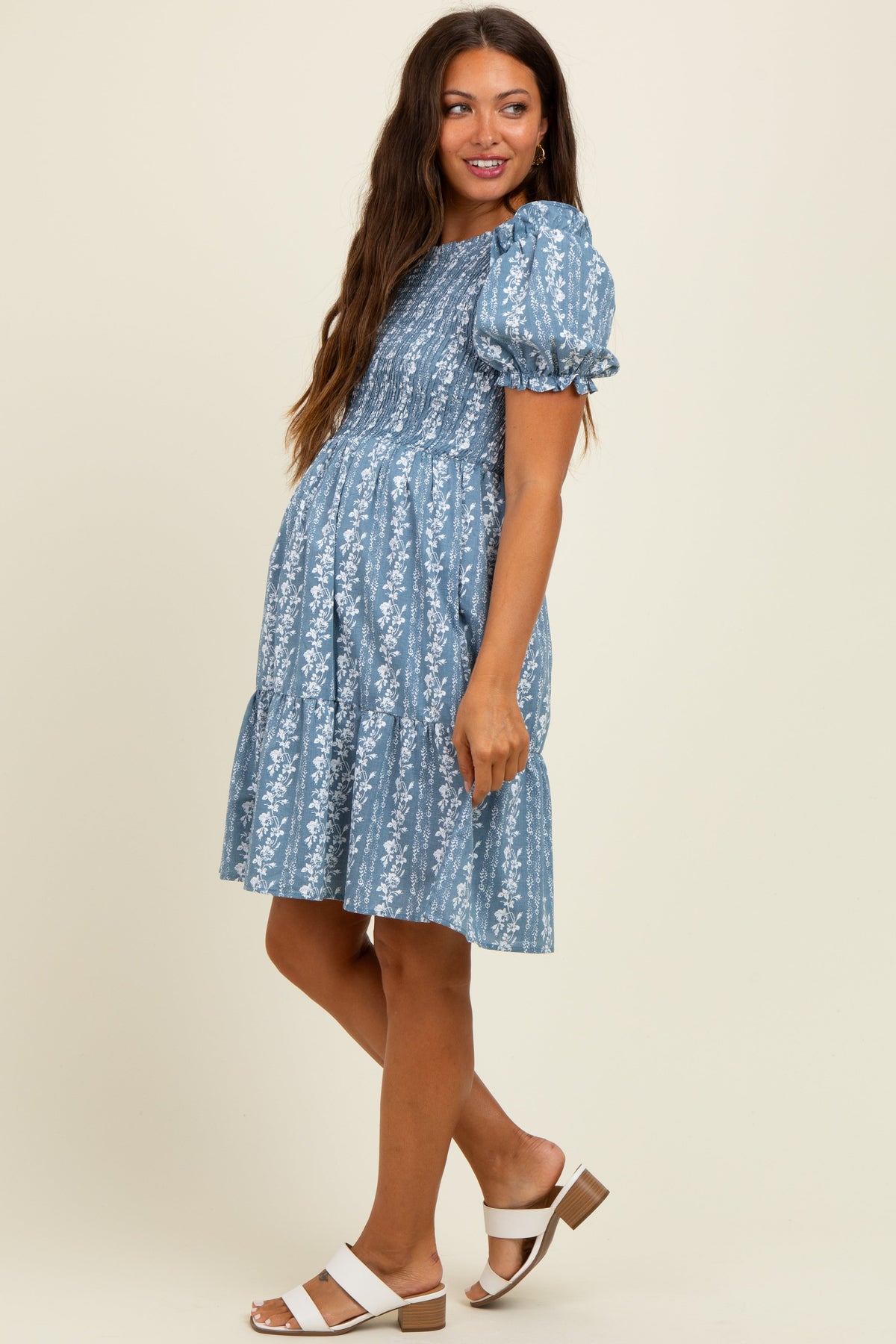 Blue Floral Smocked Ruffle Accent Maternity Dress