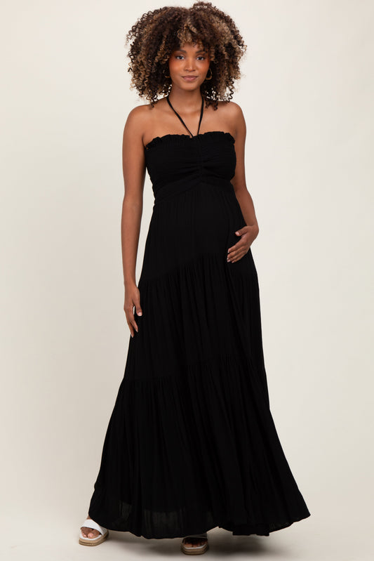 Black Smocked Halter Tiered Maternity Maxi Dress