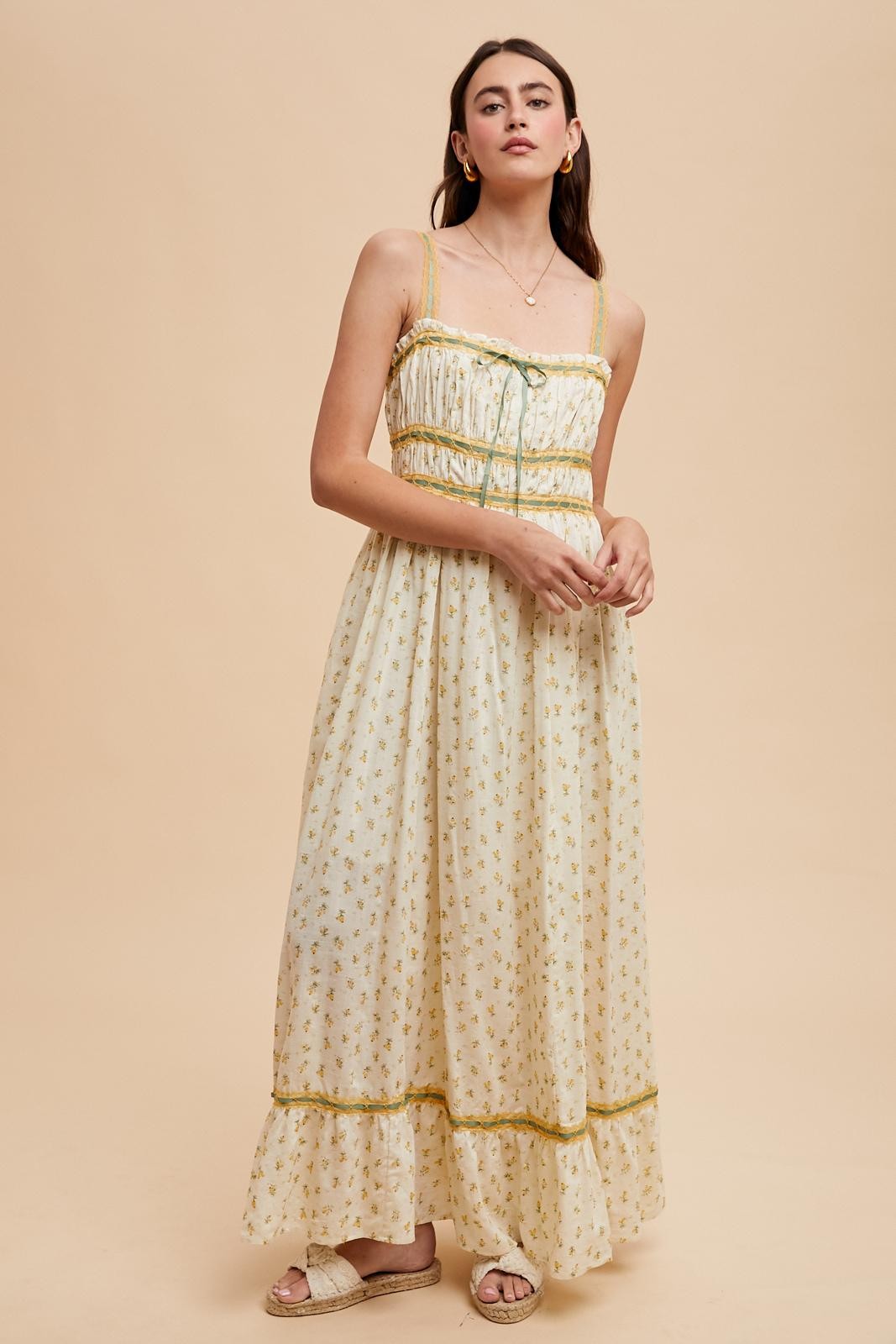 Yellow Floral Ribbon Detail Sleeveless Maternity Maxi Dress