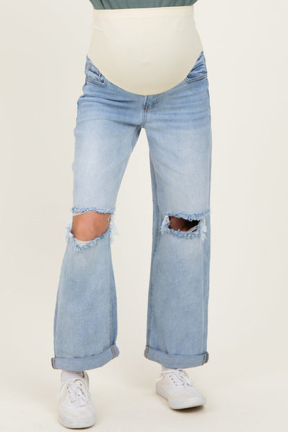 Light Blue Open Knee Cuffed Boyfriend Fit Maternity Jeans