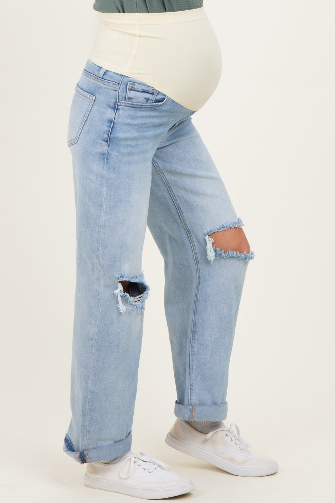 Light Blue Open Knee Cuffed Boyfriend Fit Maternity Jeans