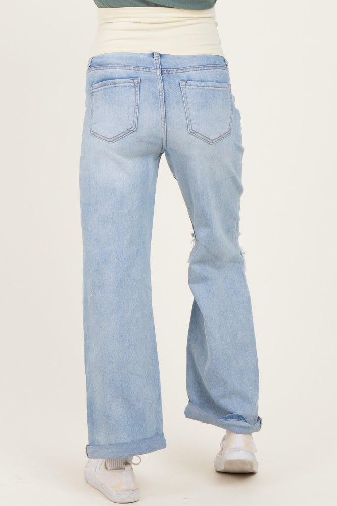 Light Blue Open Knee Cuffed Boyfriend Fit Maternity Jeans