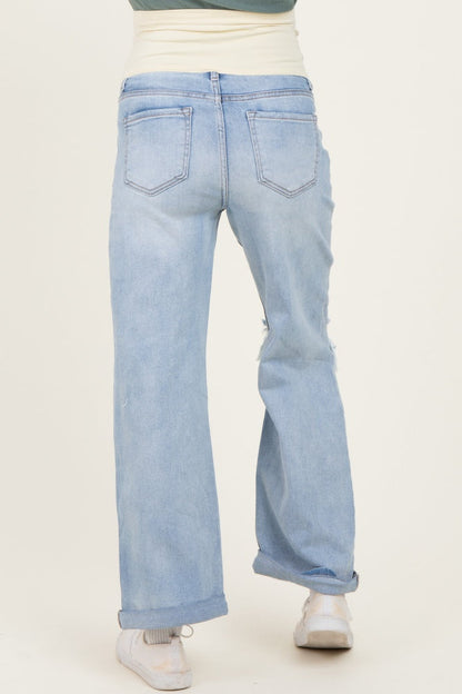 Light Blue Open Knee Cuffed Boyfriend Fit Maternity Jeans