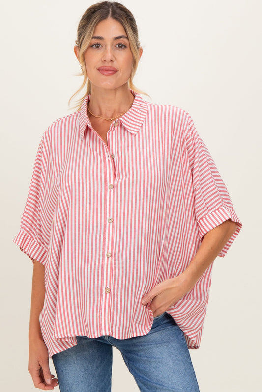 Red Striped Button Up Dolman Maternity Top
