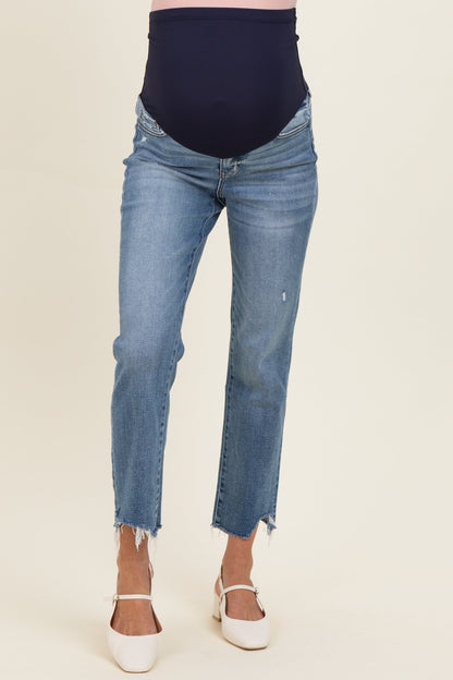 Blue Cropped Frayed Hem Slim Straight Maternity Jeans