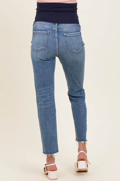 Blue Cropped Frayed Hem Slim Straight Maternity Jeans