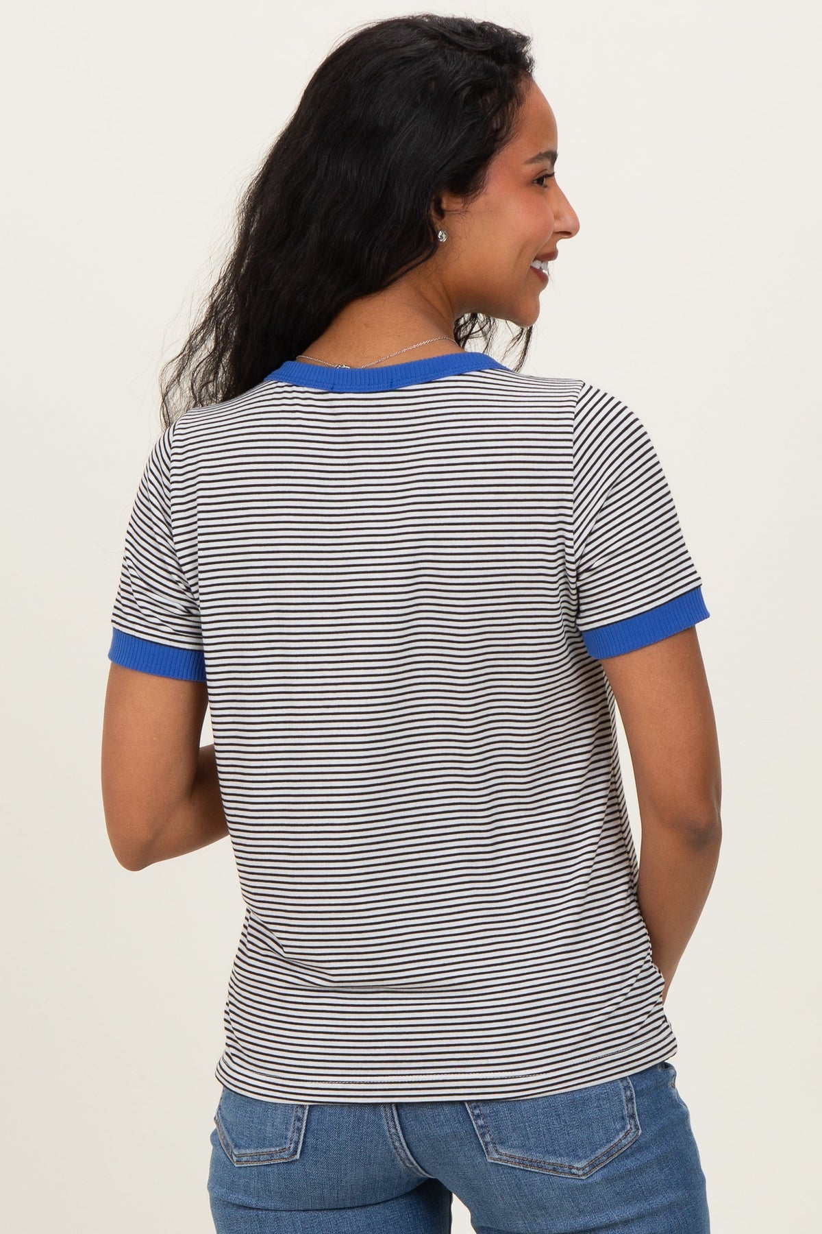 Ivory Blue Trimmed Striped Maternity Top