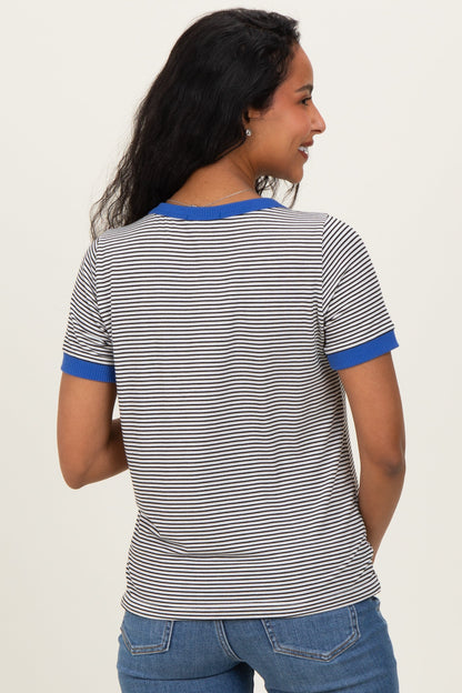 Ivory Blue Trimmed Striped Maternity Top