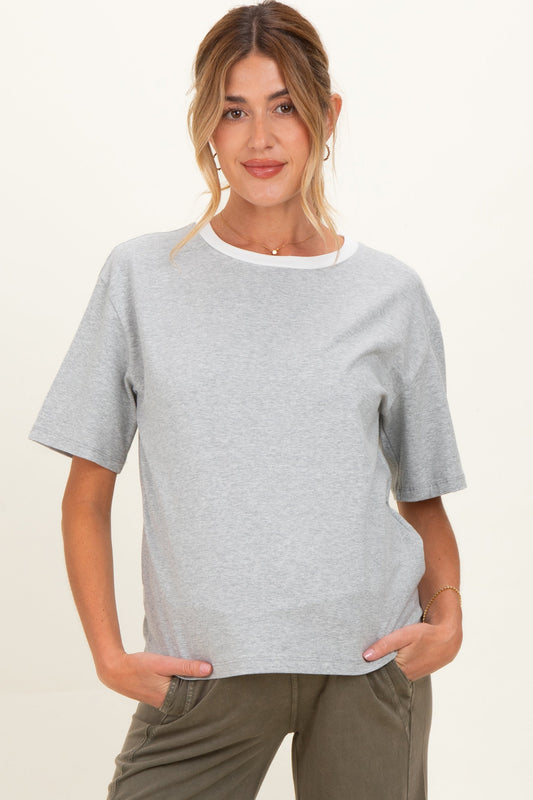 Heather Grey Relaxed Fit Contrast Neckline Maternity Tee
