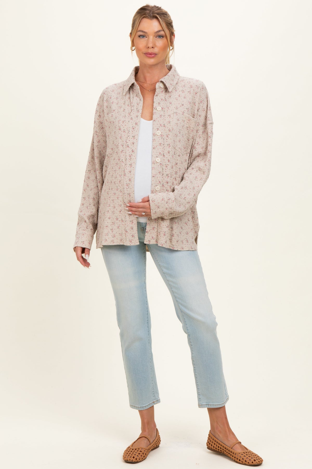 Oatmeal Floral Textured Knit Maternity Shirt Jacket