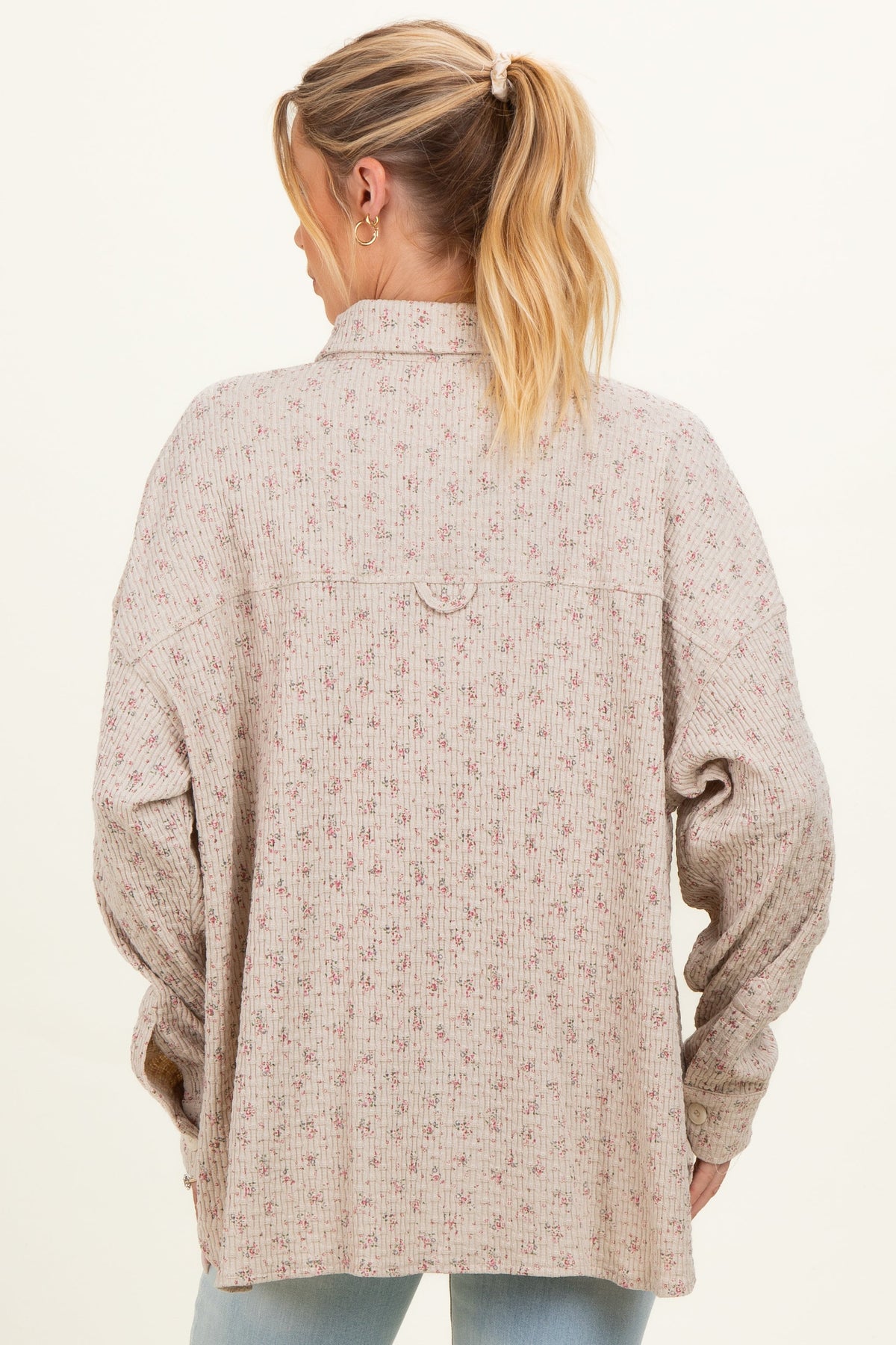 Oatmeal Floral Textured Knit Maternity Shirt Jacket