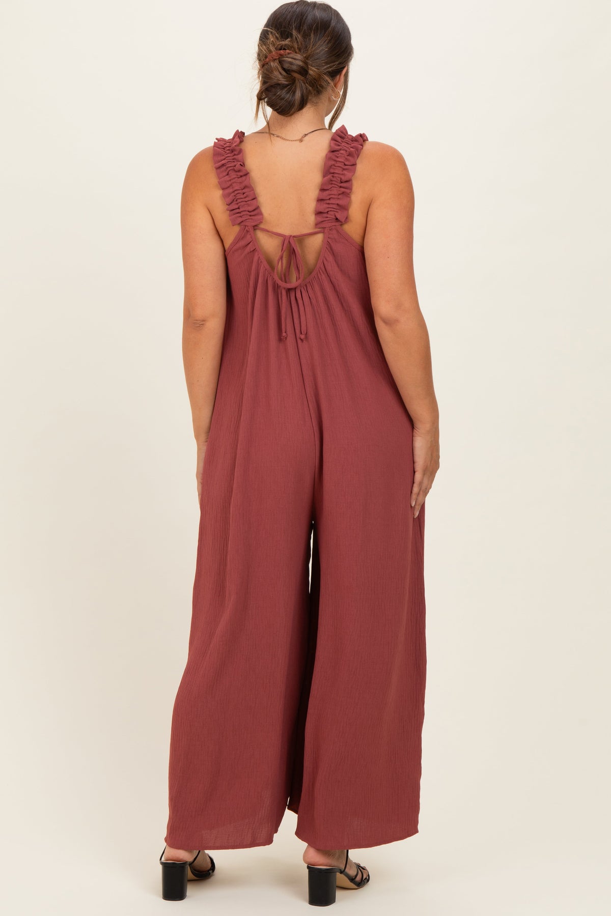 Marsala Ruffle Strap Maternity Wide Leg Jumpsuit