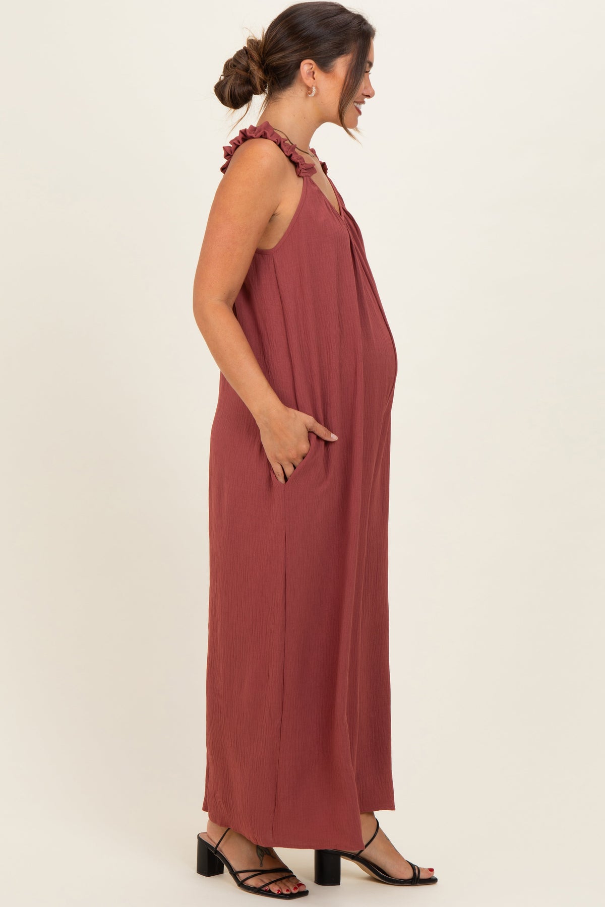Marsala Ruffle Strap Maternity Wide Leg Jumpsuit