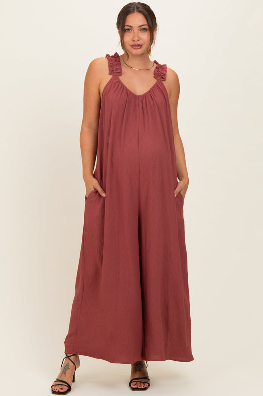 Marsala Ruffle Strap Maternity Wide Leg Jumpsuit