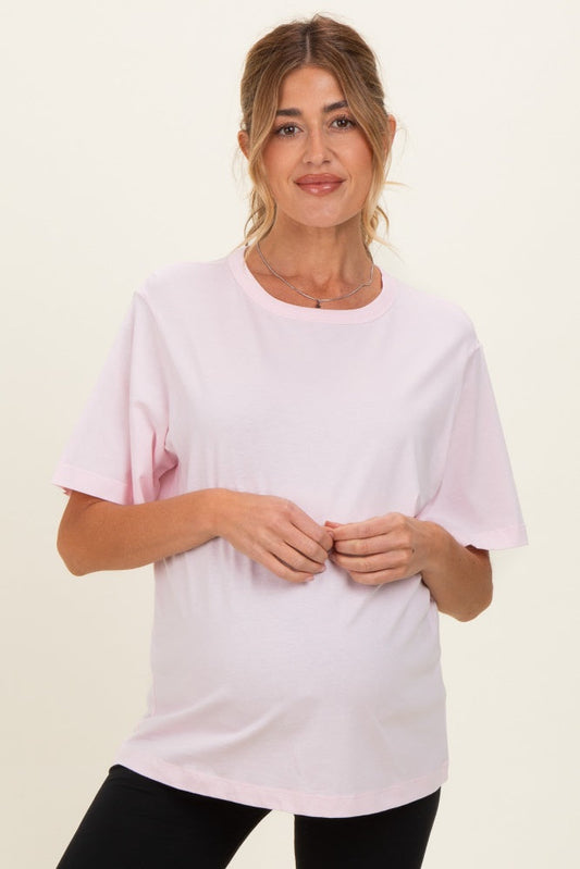Soft Pink Oversized Short Sleeve Crew Neck Maternity T-Shirt