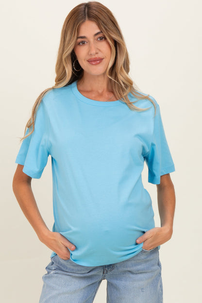 Blue Oversized Short Sleeve Crew Neck Maternity T-Shirt