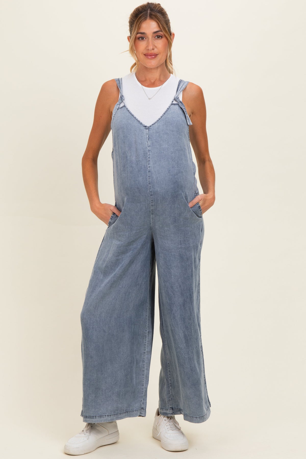Denim V-Neck Tie Wide Leg Maternity Jumpsuit