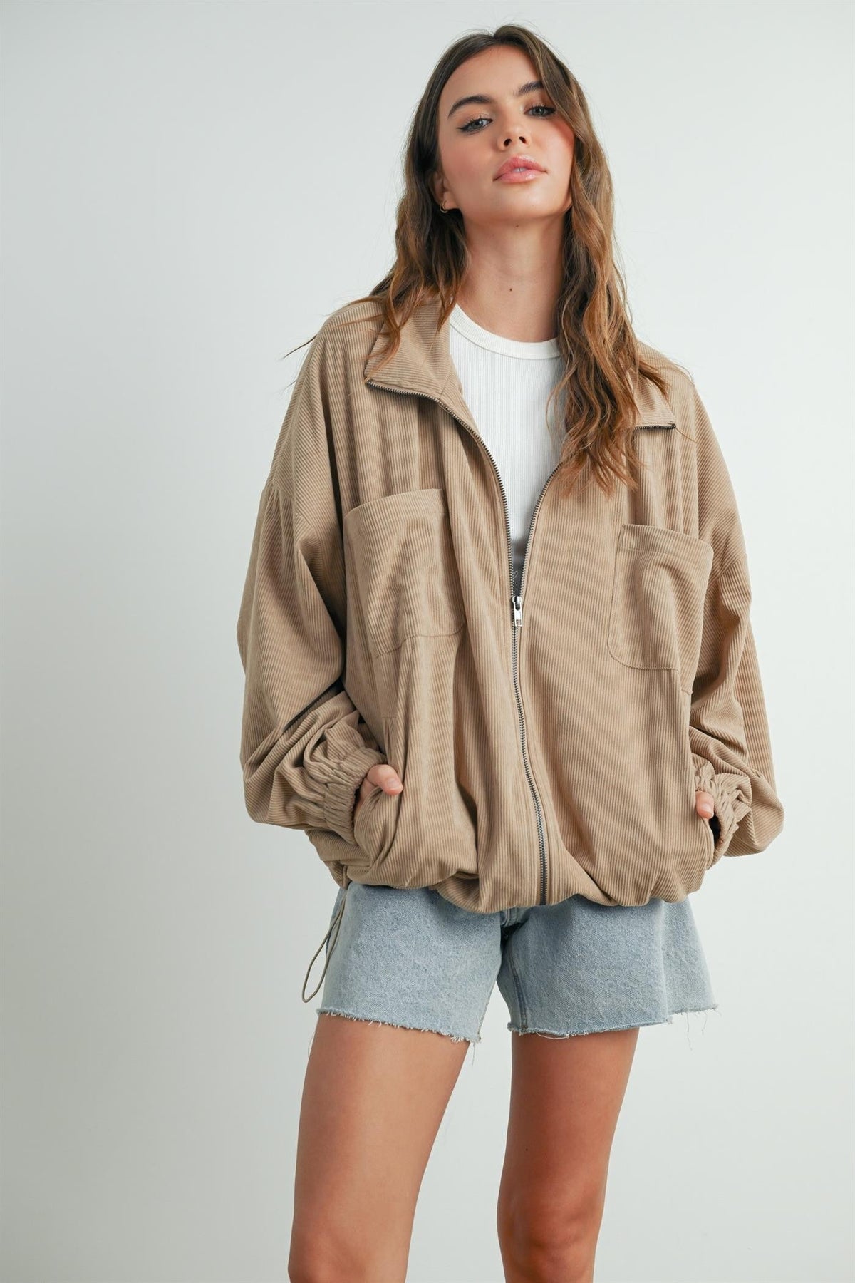 Khaki Oversized Corduroy Maternity Zipper Jacket