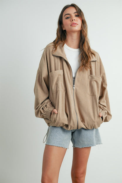 Khaki Oversized Corduroy Maternity Zipper Jacket