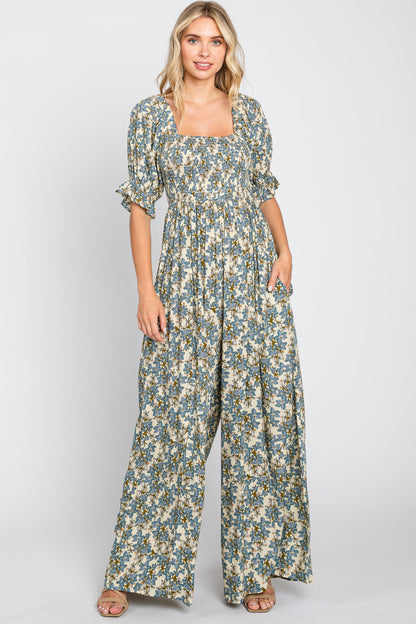 Cream Floral Smocked Maternity Jumpsuit