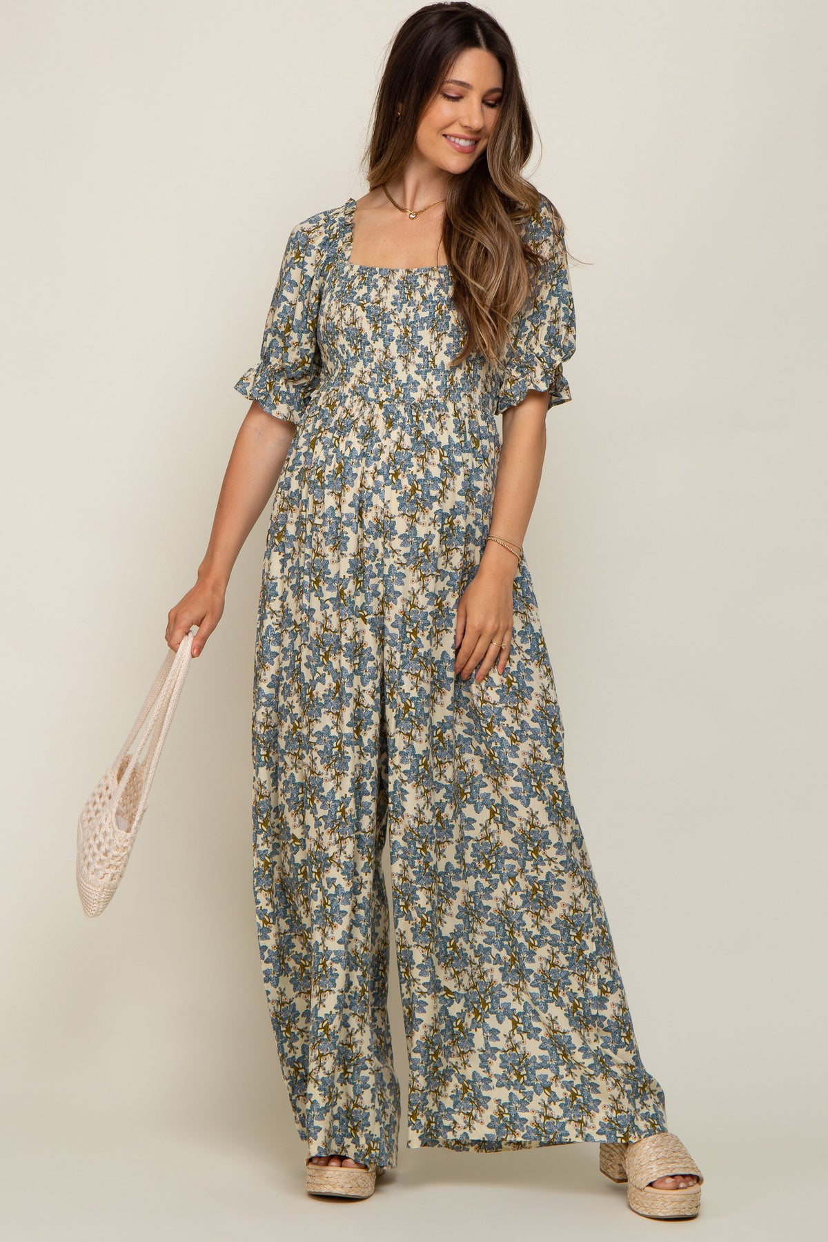 Cream Floral Smocked Maternity Jumpsuit