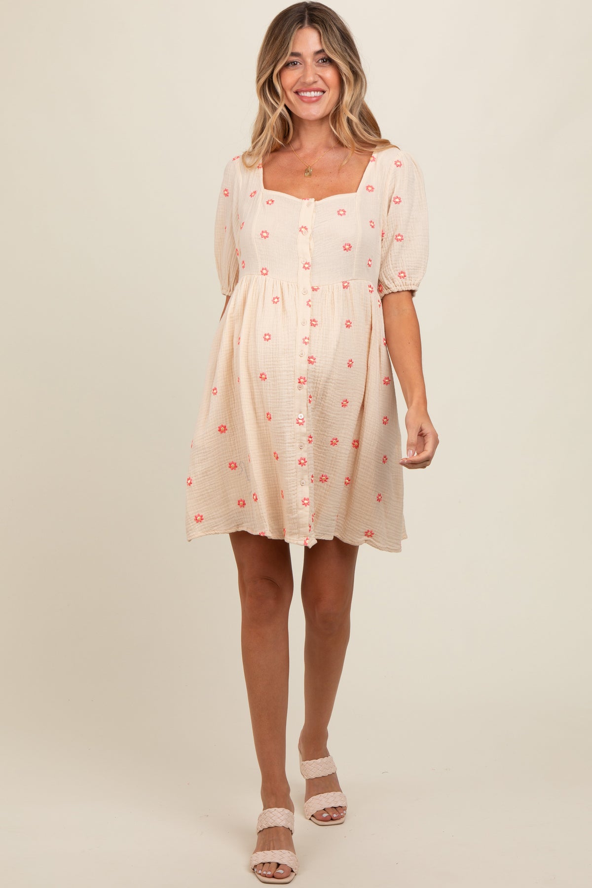 Beige Floral Embroidered Button Front Short Sleeve Maternity Dress